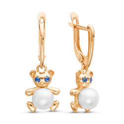 z2-9300 Детские серьги медвежонок с жемчугом.Золото 585.