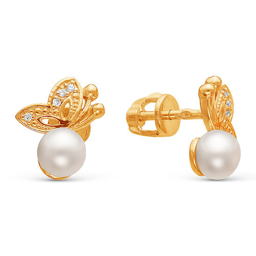 z2-8929 Пусеты в виде бабочки с жемчугом. Золото 585. 