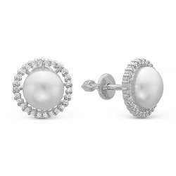 z2-9122 Пусеты с жемчугом 8мм и фианитами. Серебро 925.