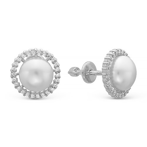 z2-9122 Пусеты с жемчугом 8мм и фианитами. Серебро 925. 